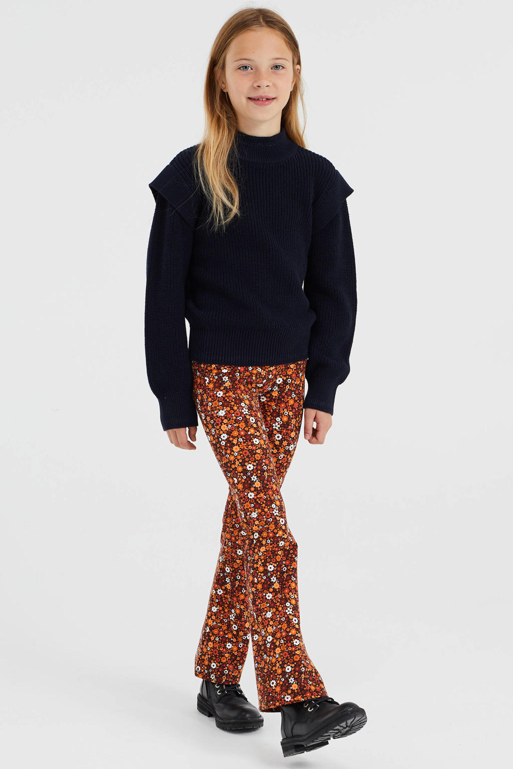 Bruin, oranje en witte meisjes WE Fashion skinny broek van viscose met regular waist en elastische tailleband