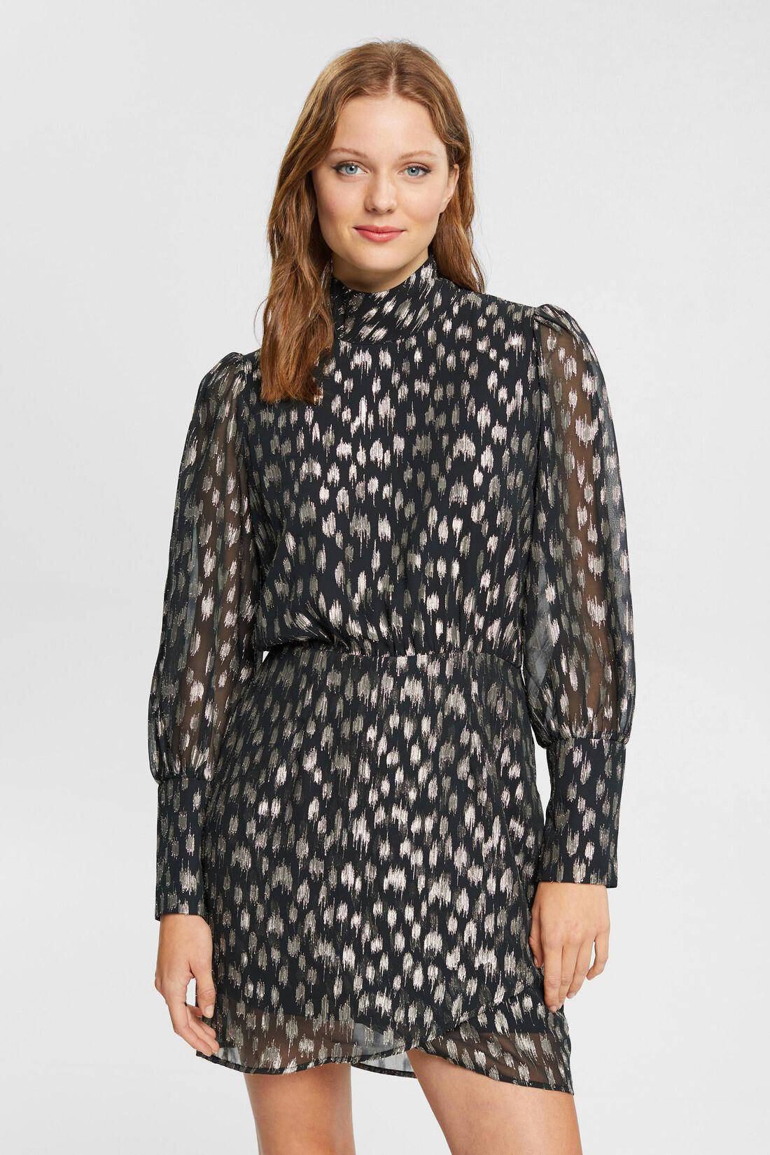 ESPRIT semi-transparante jurk met all over print en plooien zwart/goud |  wehkamp