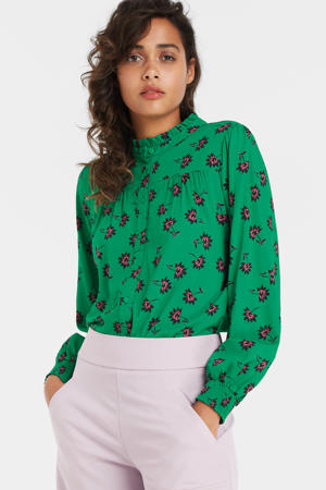 blouse met all over print en ruches groen/zwart/roze