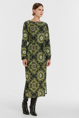jurk met paisleyprint en ceintuur zwart/groen