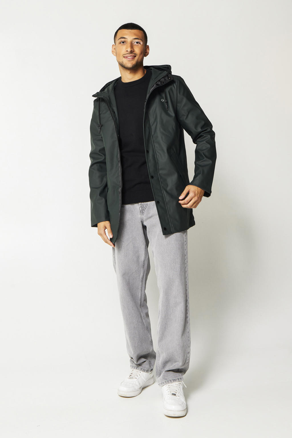 Grijsgroene heren America Today regenjas Jace van polyester met effen, capuchon en rits- en drukknoopsluiting