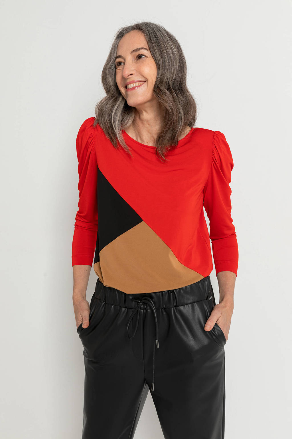 Claudia Sträter jersey top met plooien rood/zwart/camel