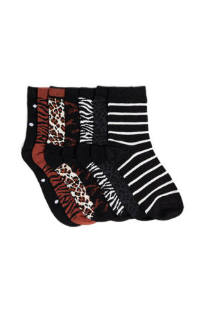 sokken met all-over dierenprint - set van 7 zwart/bruin