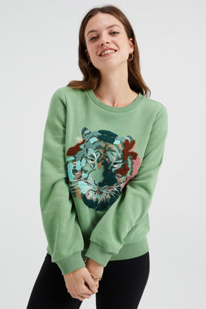 sweater met printopdruk en borduursels groen