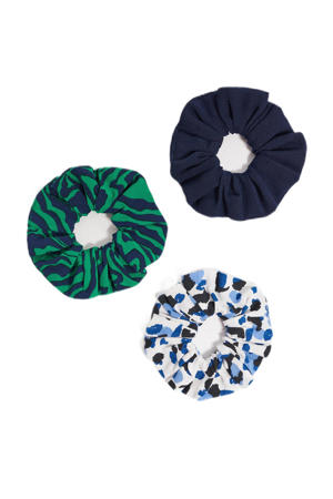 scrunchies met print - set van 3 donkerblauw/groen