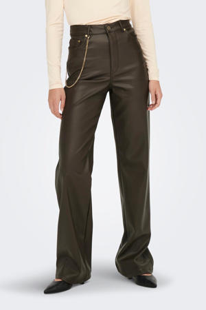 coated high waist straight fit broek ONLCAMILLE-IDINA donkerbruin