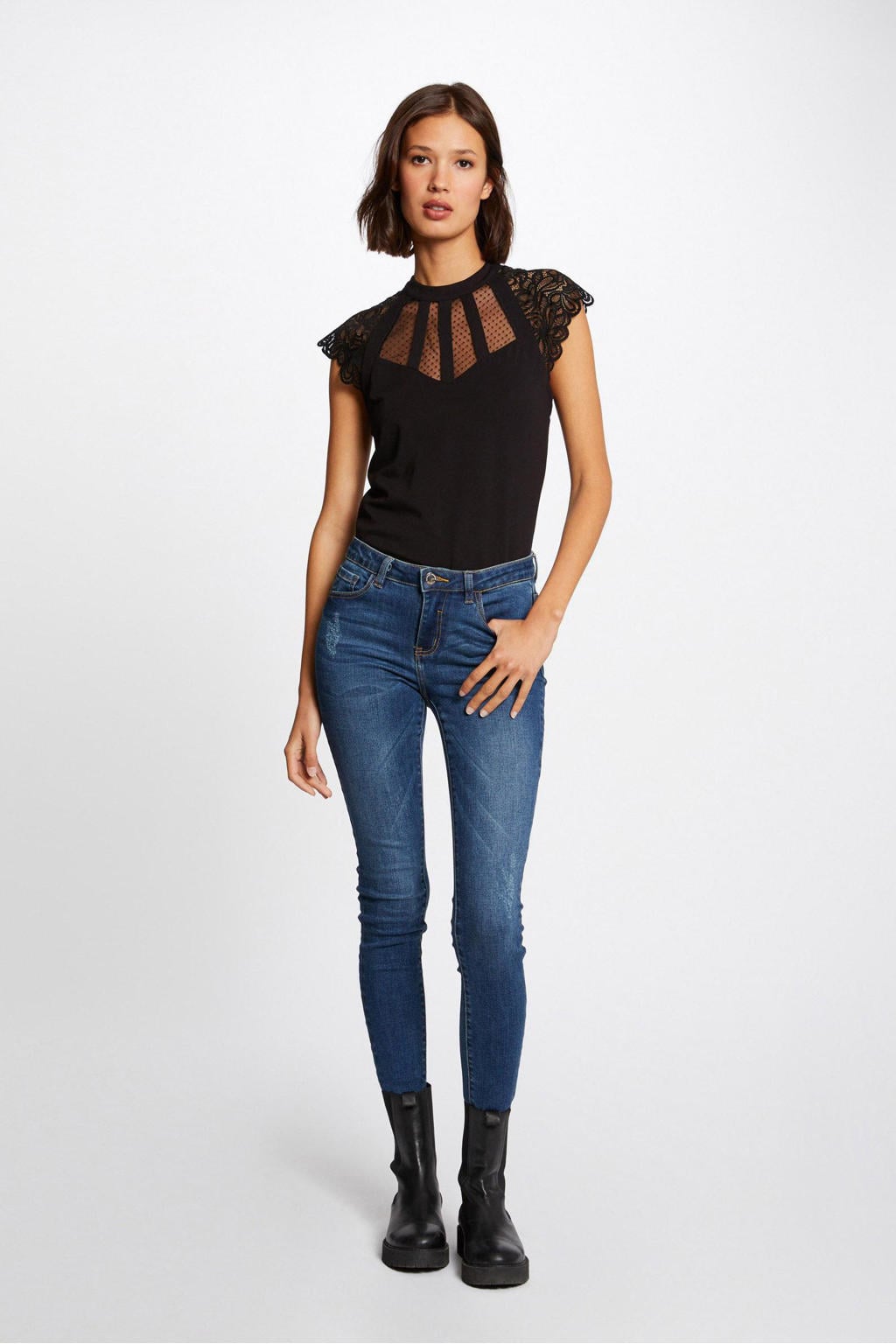 Zwarte dames Morgan semi-transparante top van viscose met effen, korte mouwen en ronde hals