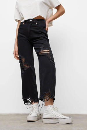cropped loose fit jeans met slijtage zwart