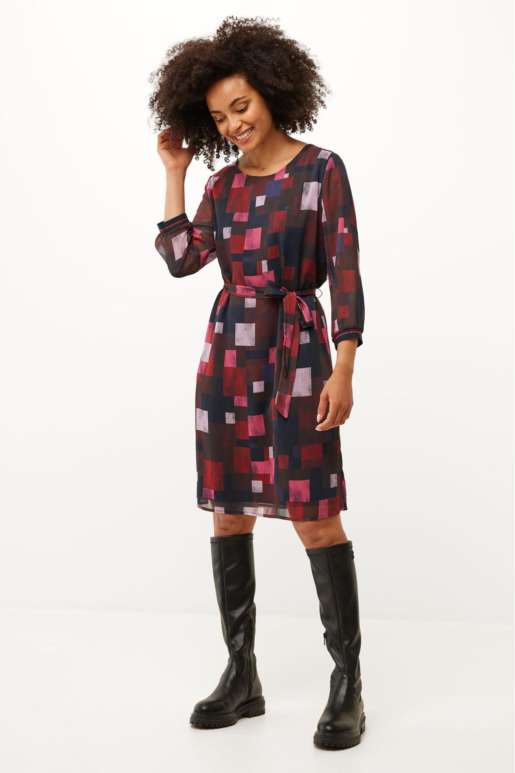 Mexx semi-transparante jurk met grafische print en ceintuur zwart/donkerrood/donkerblauw