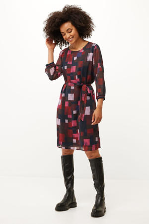 semi-transparante jurk met grafische print en ceintuur zwart/donkerrood/donkerblauw