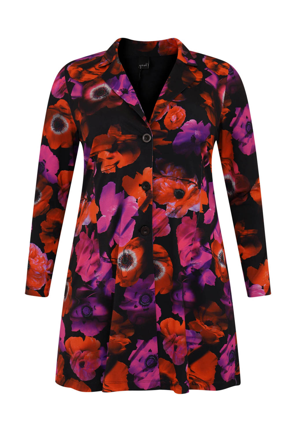 Yoek Travelstof gebloemde blazer zwart/roze/rood
