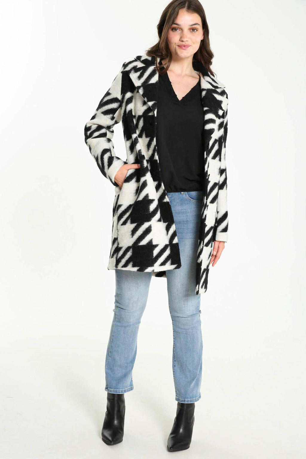 Zwart en witte dames Cassis geruite coat van wol met lange mouwen, reverskraag en knoopsluiting