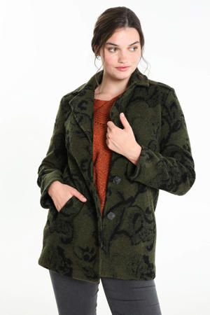coat met wol en all over print donkergroen/zwart