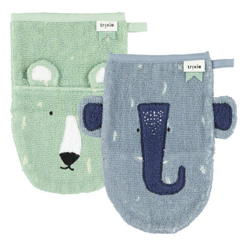 Trixie Mr. Polar Bear - Mrs. Elephant baby washandje - set van 2 blauw/groen afbeelding