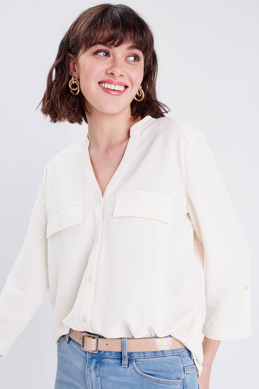 Ivoorkleurige dames Cache Cache top van polyester met half lange mouwen en V-hals