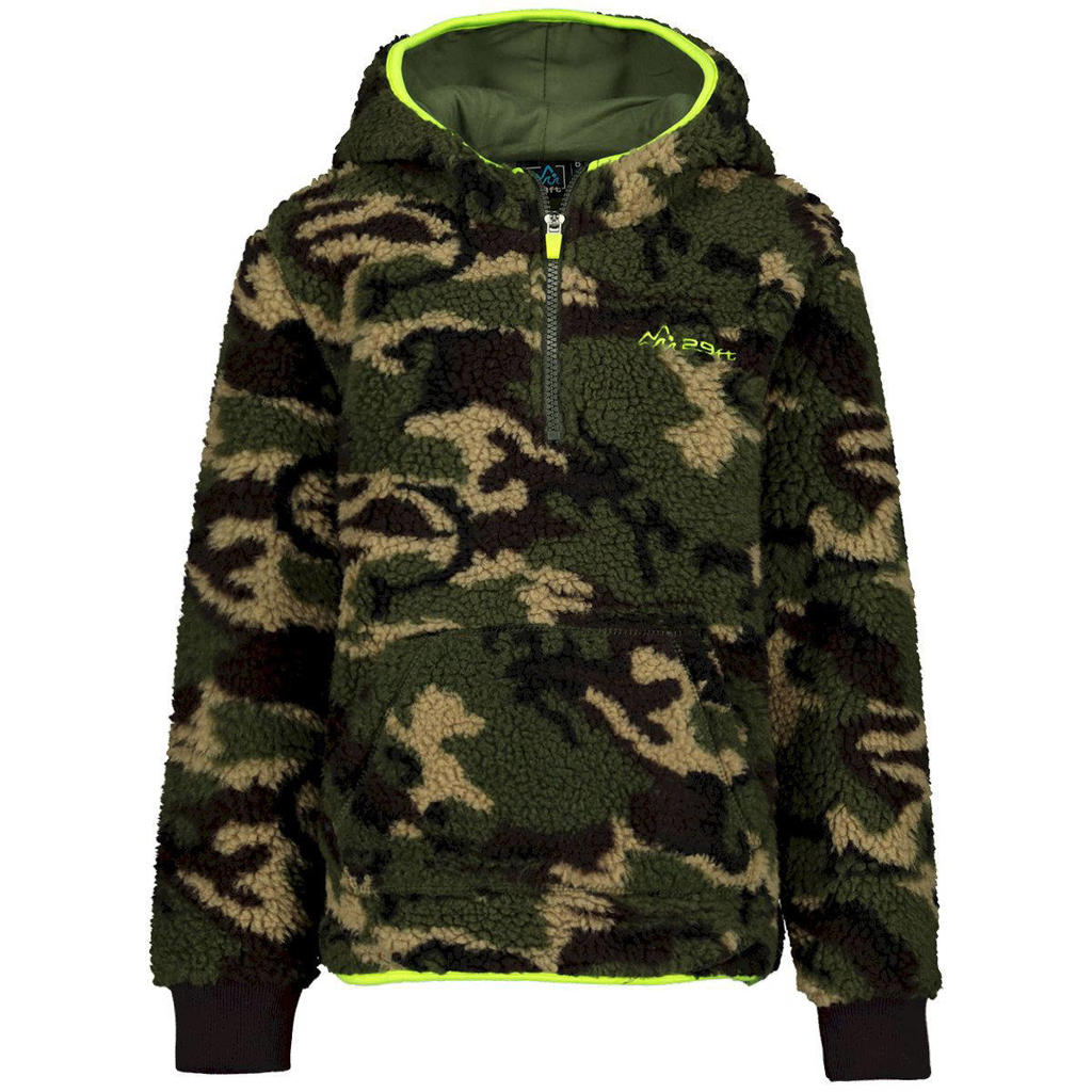 Donkergroene jongens 29FT teddy skisweater met camouflageprint, lange mouwen en capuchon