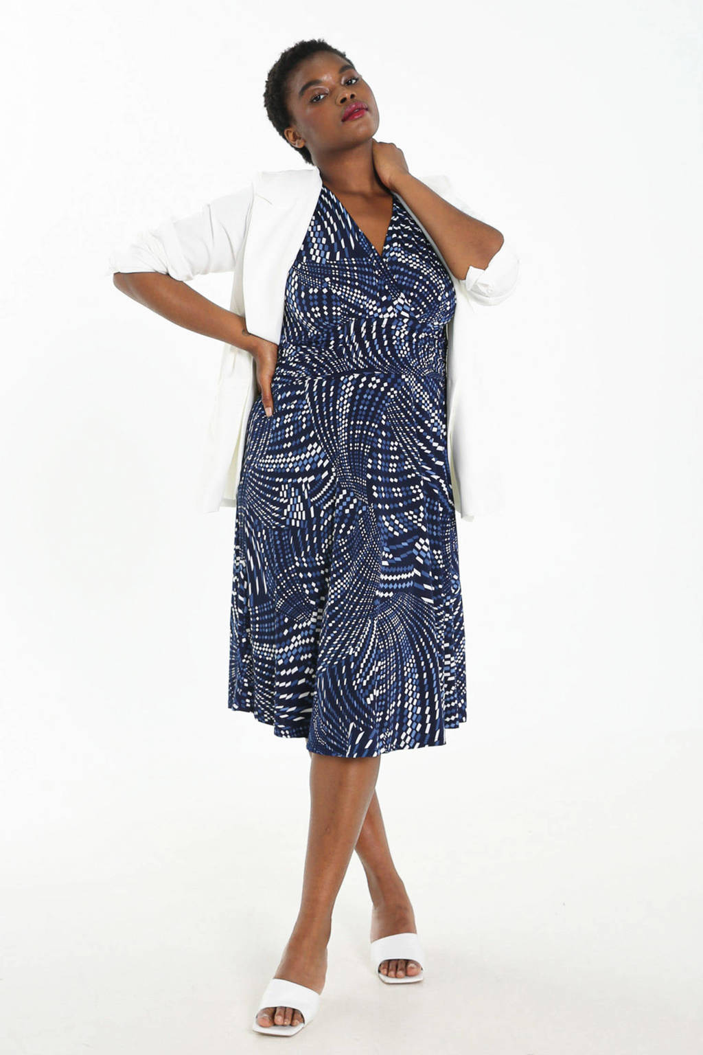 PROMISS A-lijn jurk met all over print blauw/wit/zwart