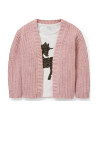 C&A gebreid vest + T-shirt met pailletten roze/wit