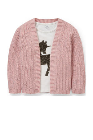 gebreid vest + T-shirt met pailletten roze/wit