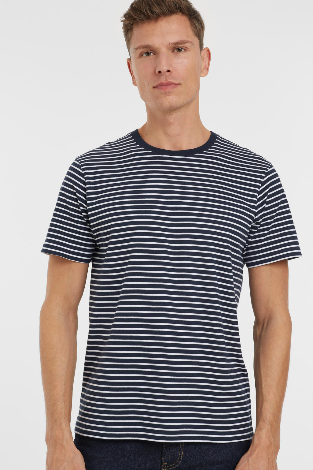 Donkerblauwe heren Anytime gestreepte T-shirt van katoen met korte mouwen en ronde hals