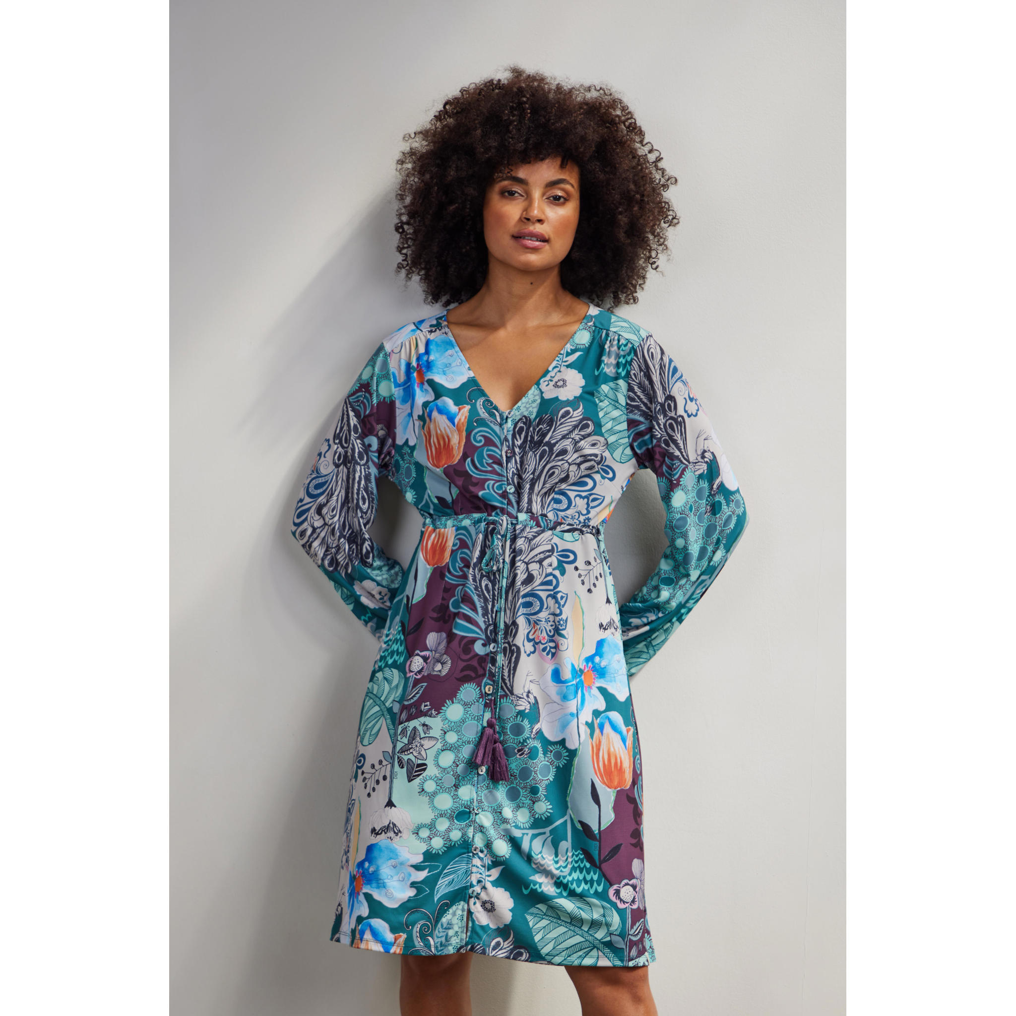 Didi jurk Lory van travelstof met all over print blauw/paars/ecru wehkamp