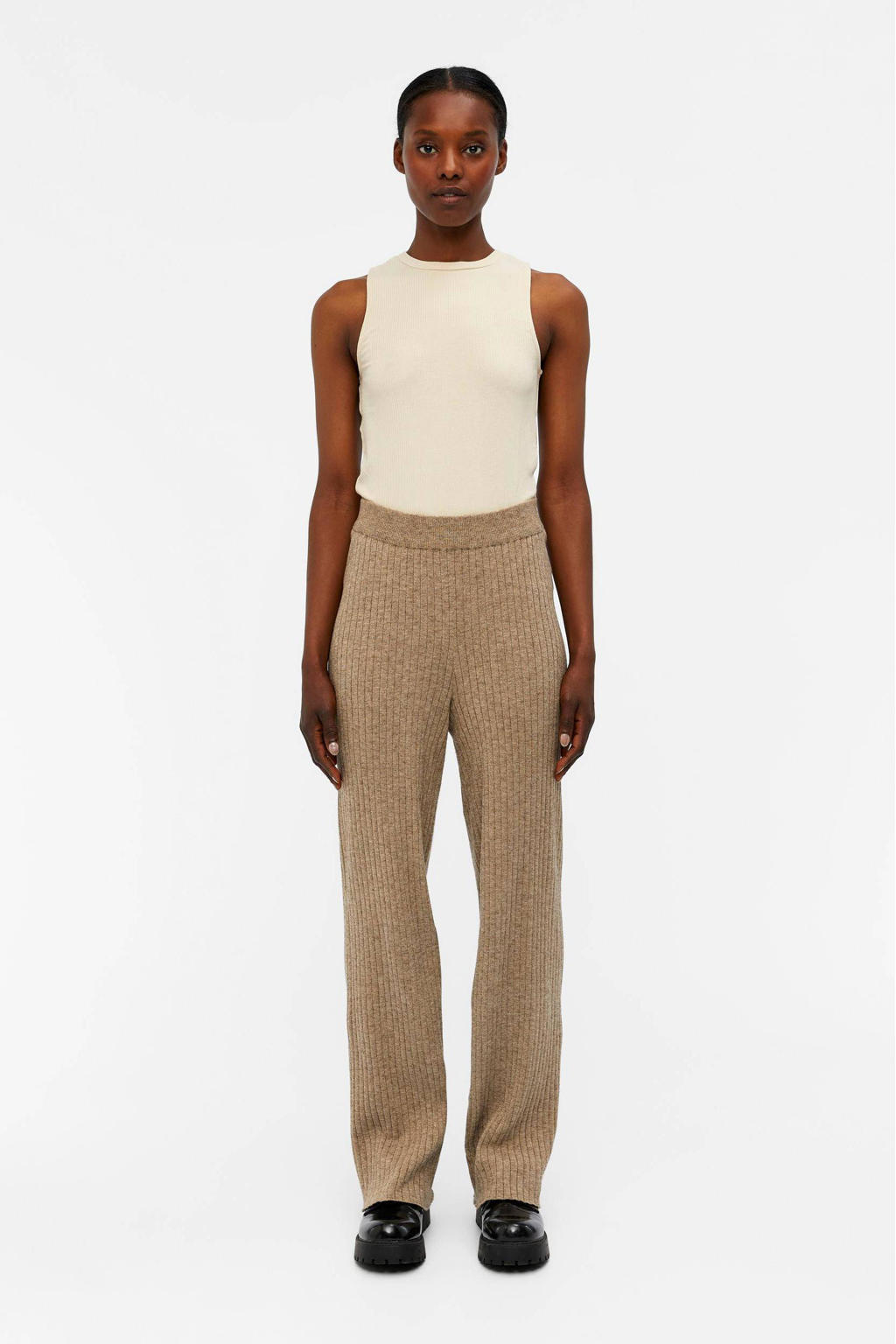 Bruine dames OBJECT high waist straight fit broek melange van viscose met elastische tailleband