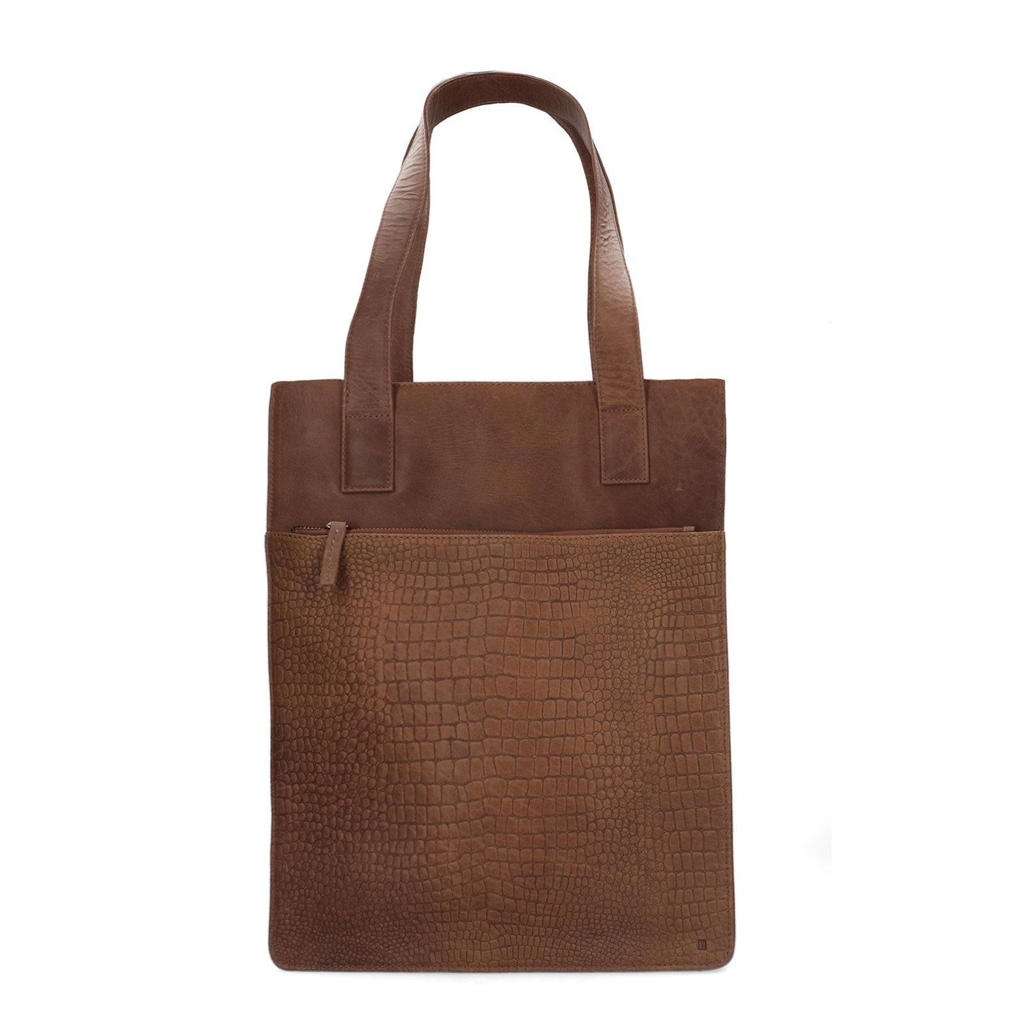 Manfield leren shopper met crocoprint bruin