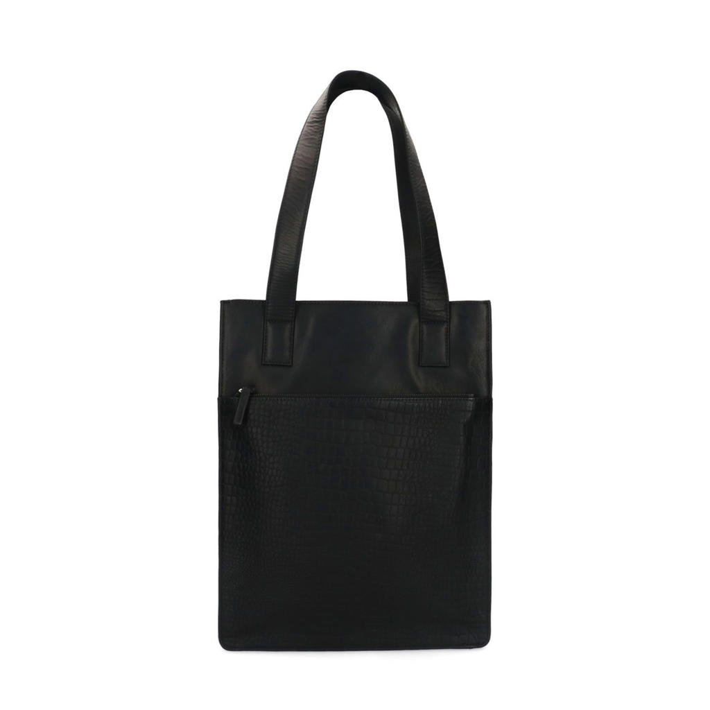 Manfield leren shopper met crocoprint zwart