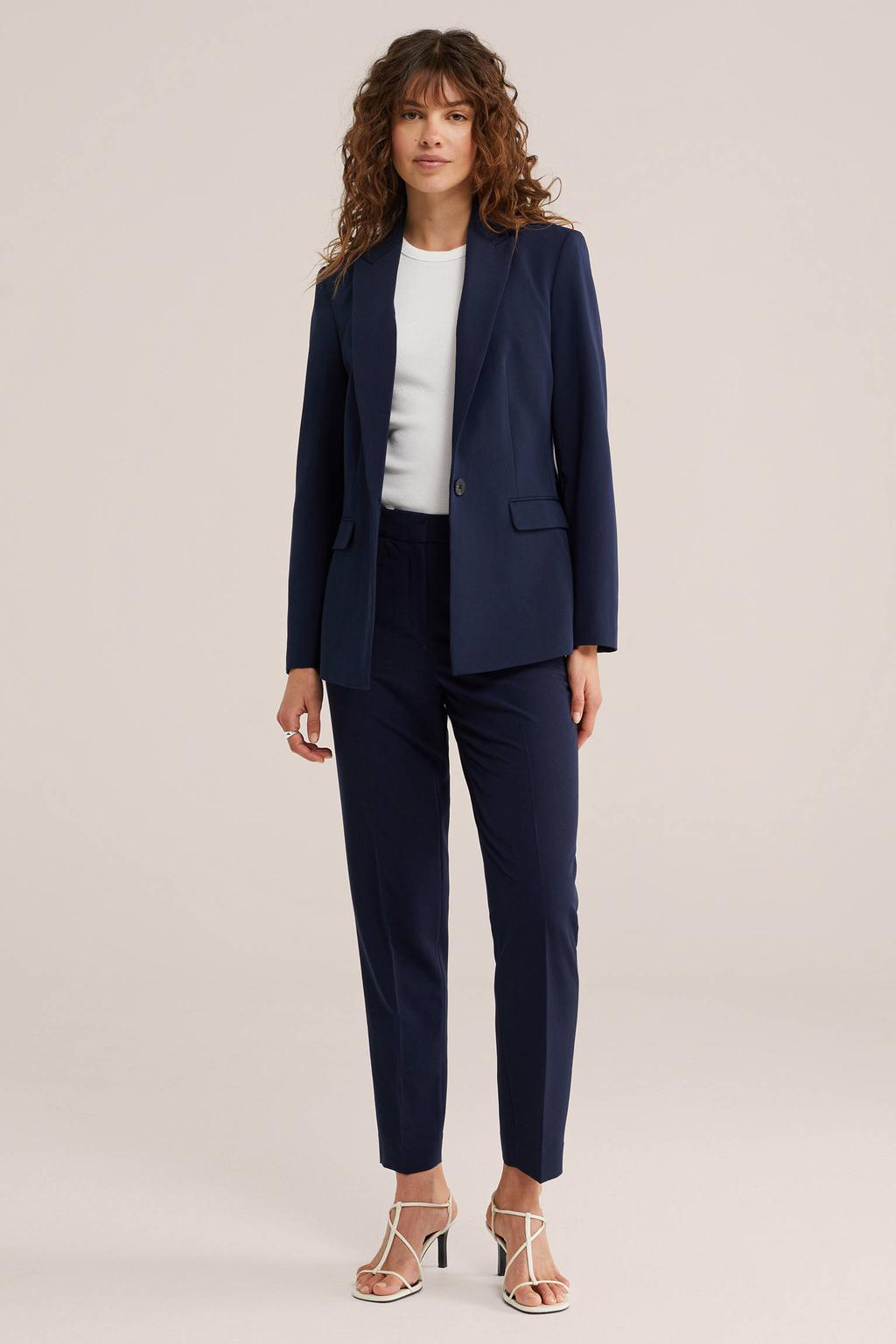 Marineblauw dames WE Fashion slim fit broek blauw van polyester met regular waist en effen