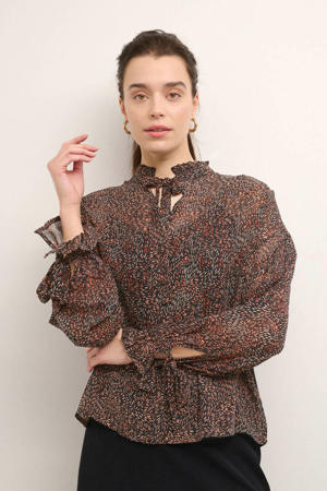 semi-transparante blouse CRPenla  met all over print en ruches zwart/bruin