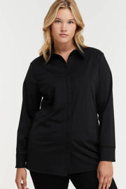 thumbnail: Zwarte dames Exxcellent blouse Laila van travelstof met effen, lange mouwen, klassieke kraag, knoopsluiting en open detail