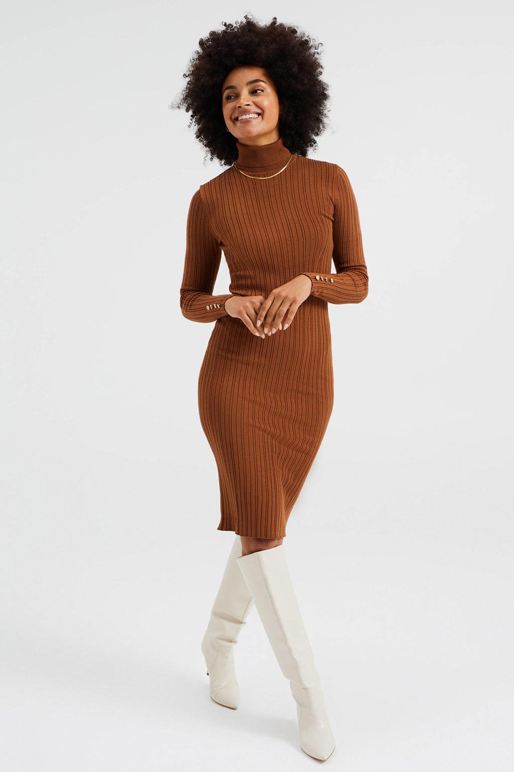 Ribgebreide Mini Jurk met Front Twist en Puff Mouwen - Main Image