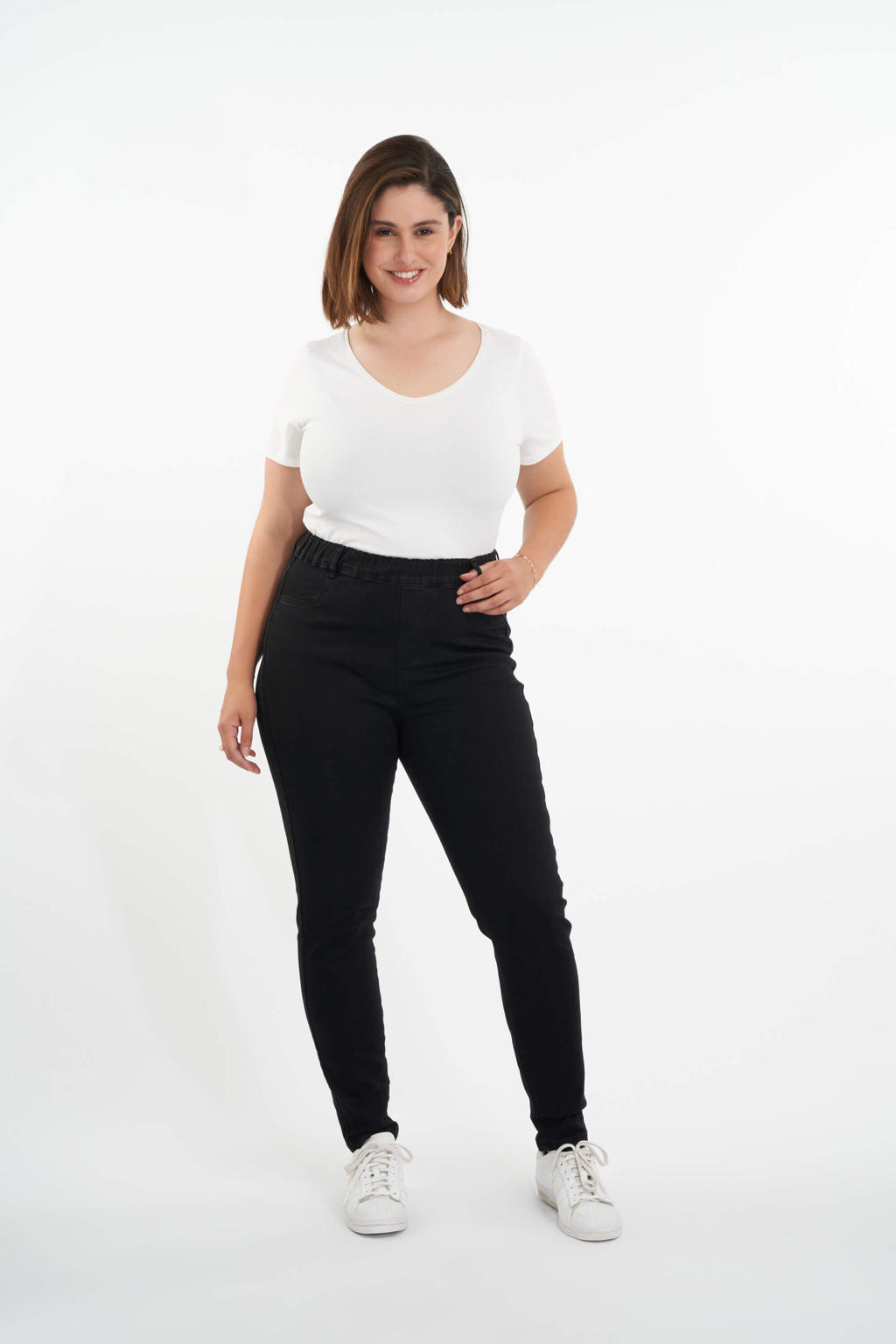 Zwarte dames MS Mode slim fit tregging van stretchdenim met regular waist en elastische tailleband