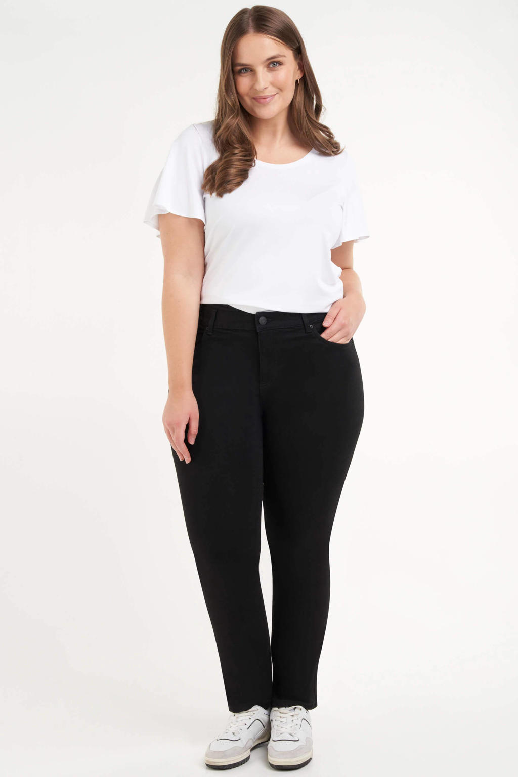 Zwarte dames MS Mode straight leg jeans van stretchdenim met rits- en knoopsluiting en effen