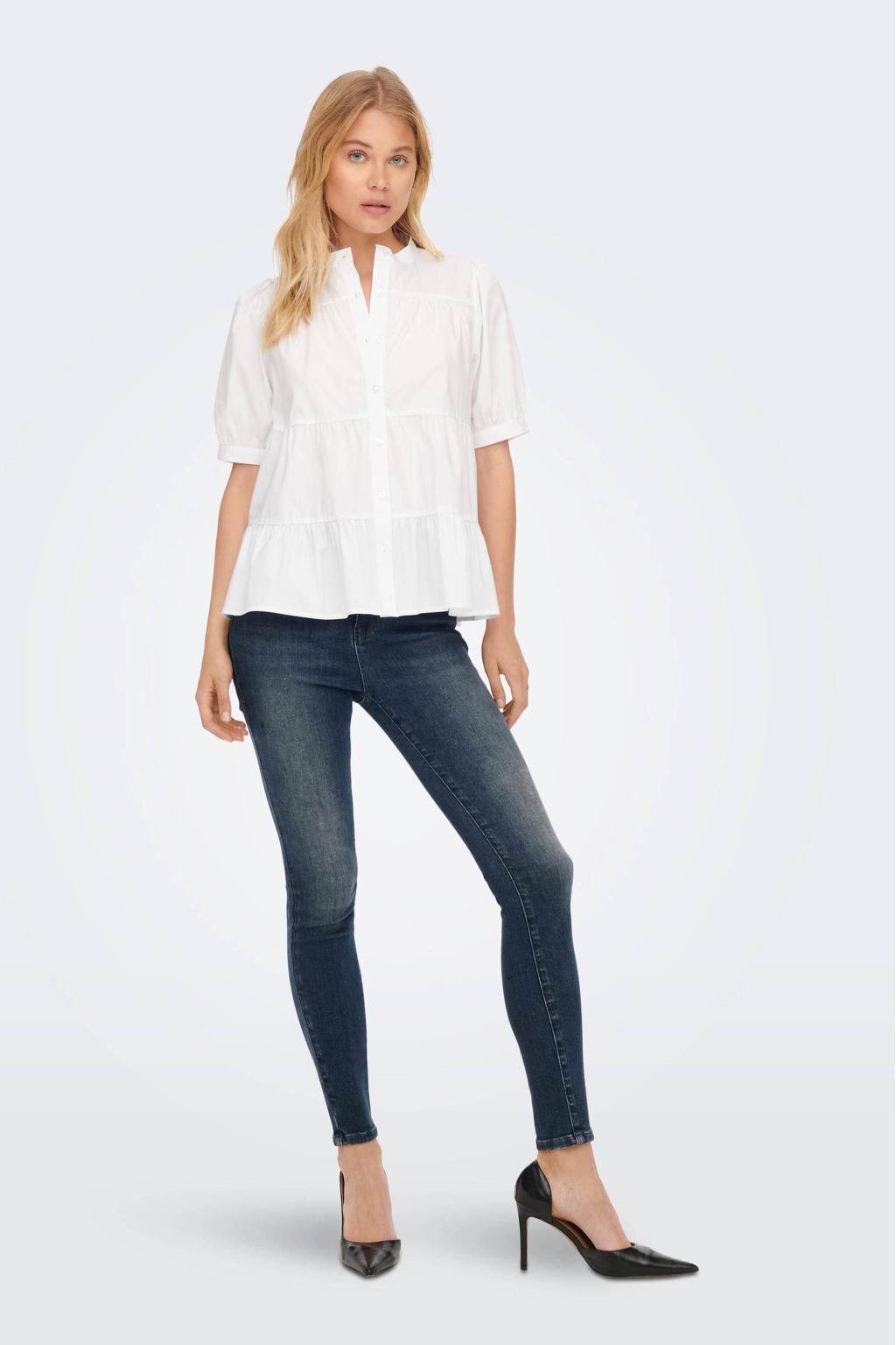 Grijsblauwe dames ONLY high waist skinny jeans blauw van stretchdenim met rits- en knoopsluiting en effen