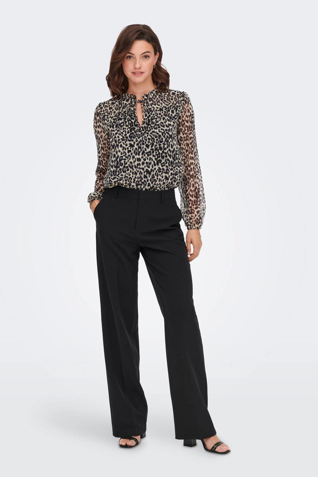 ONLY semi-transparante blouse ONLDITSY met dierenprint en ruches zwart