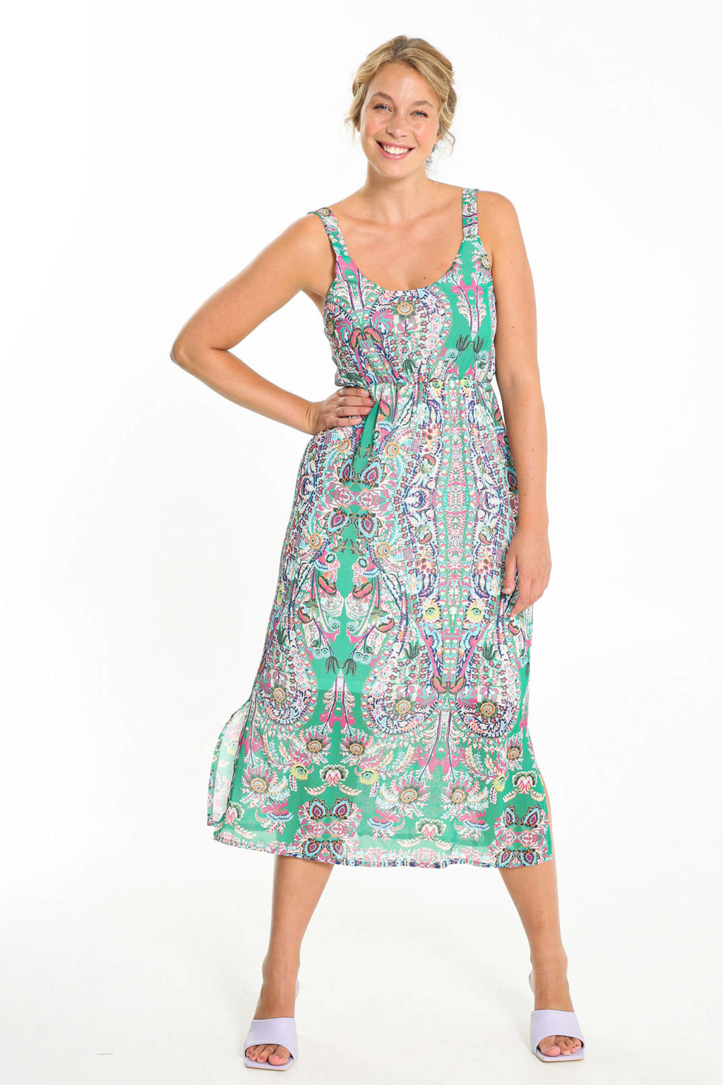 Cassis semi-transparante jurk met paisleyprint groen/roze/blauw