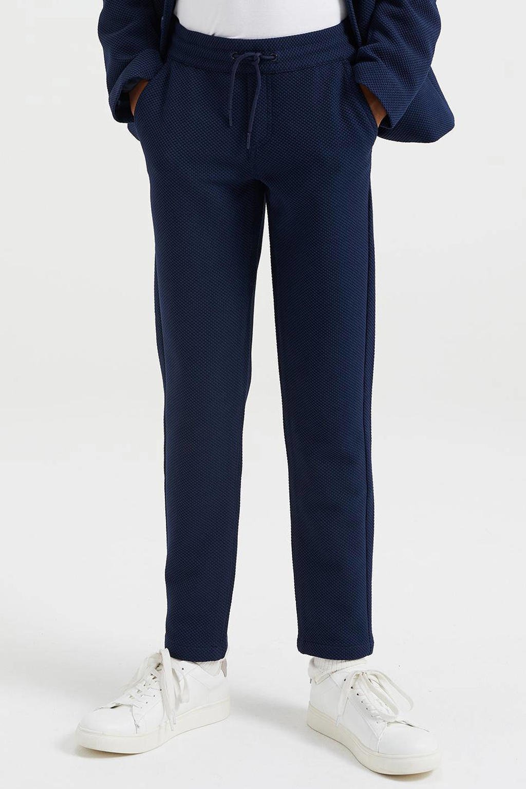Donkerblauwe jongens WE Fashion slim fit broek van polyester met regular waist en elastische tailleband met koord