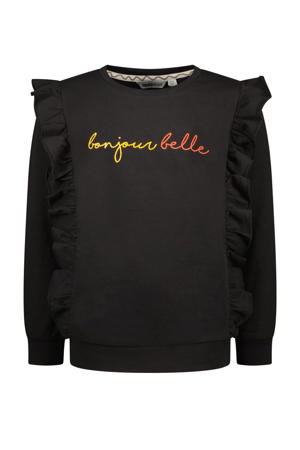 sweater met tekst en ruches zwart