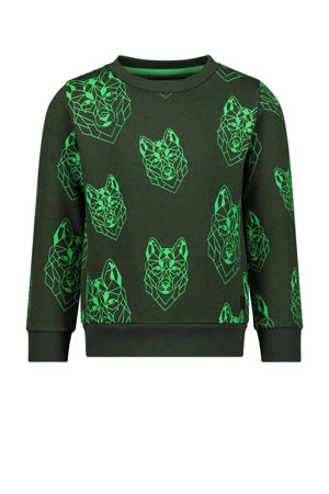 sweater Kris met all over print donkergroen/neon groen