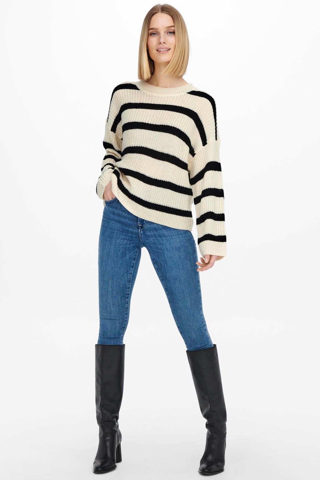 JDY gestreepte trui JDYJUSTY wit/zwart