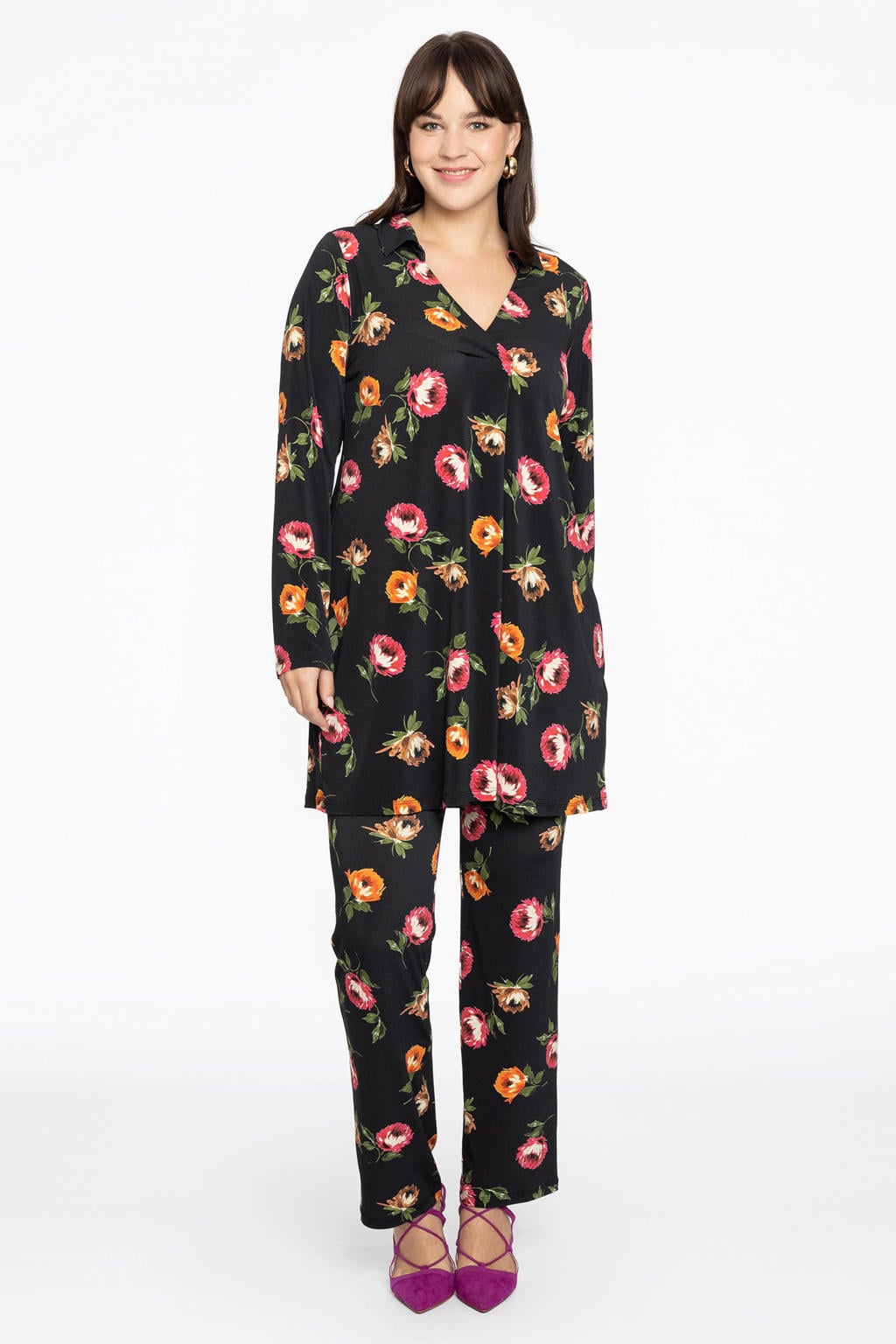 YOEK Travelstof gebloemde blouse zwart