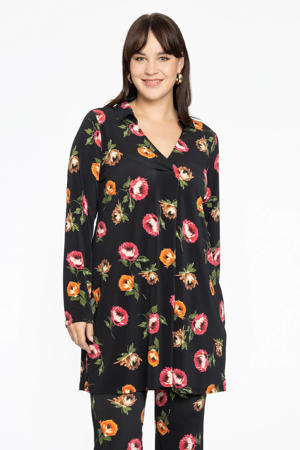 Travelstof gebloemde blouse zwart