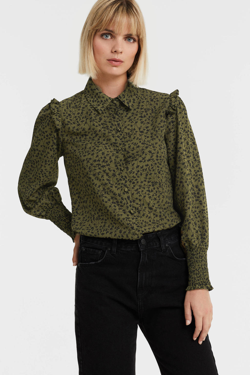 Groene dames Lofty Manner blouse van polyester met all over print, lange mouwen, klassieke kraag en knoopsluiting