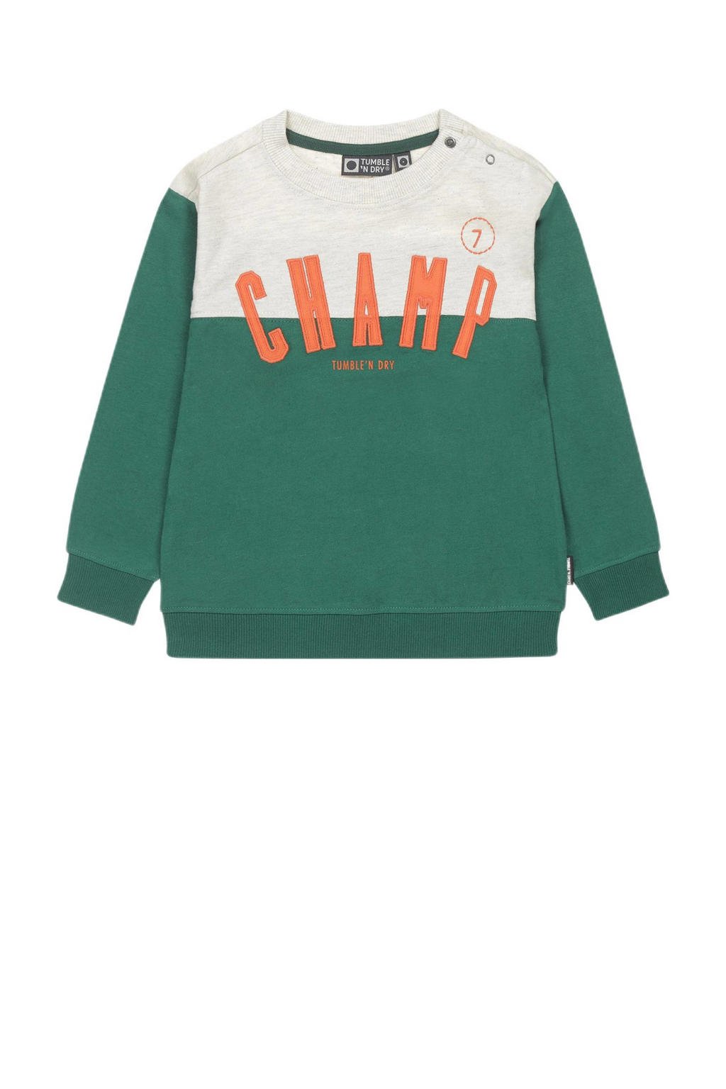 Groen, grijs en oranje jongens Tumble 'n Dry Lo sweater Michigan met meerkleurige print, lange mouwen, ronde hals, drukknoopsluiting en geribde boorden