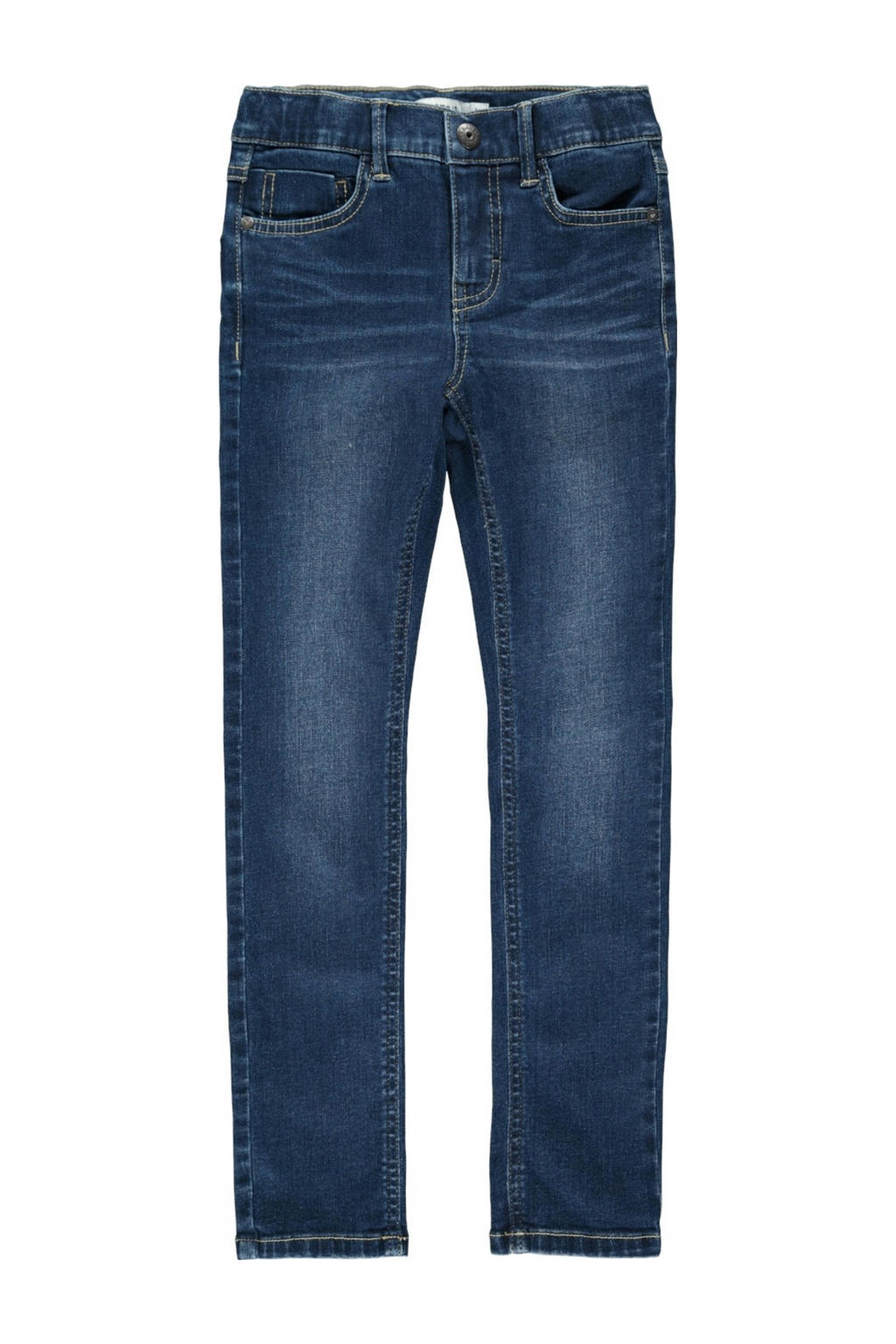 Blauwe jongens NAME IT skinny jeans van stretchdenim met regular waist, rits- en haaksluiting en effen