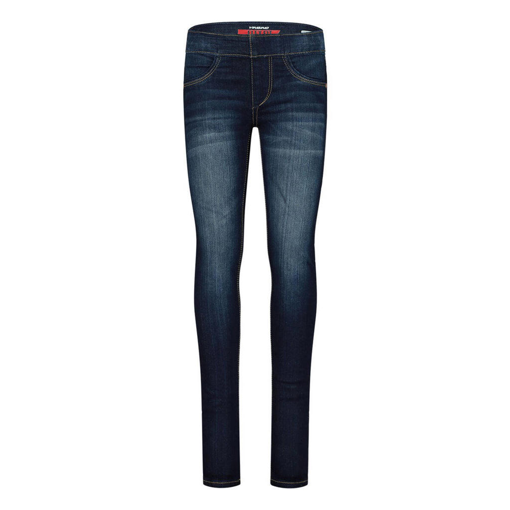 Dark blue denim meisjes Vingino skinny jegging van stretchdenim met regular waist, rits- en drukknoopsluiting en effen