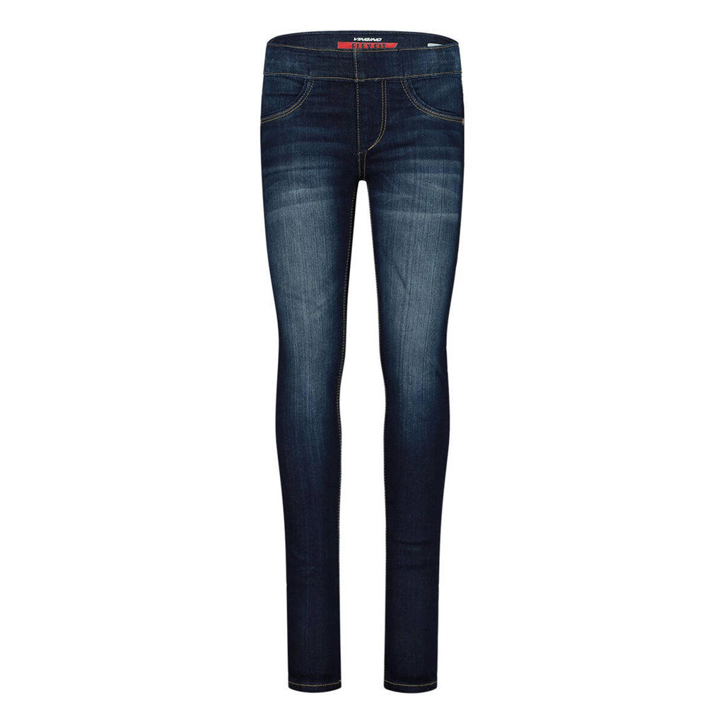 Dark blue denim meisjes Vingino skinny jegging van stretchdenim met regular waist, rits- en drukknoopsluiting en effen