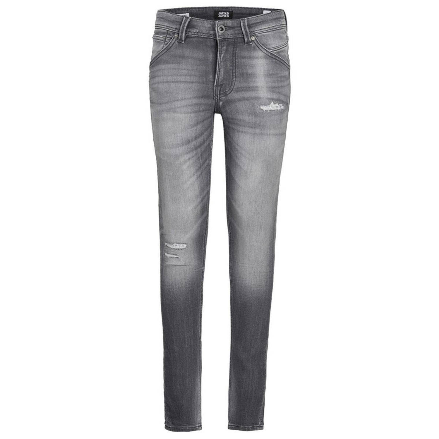 Jack & jones super skinny jeans Jjidan met slijtage grey denim Grijs Jongens Stretchdenim 146