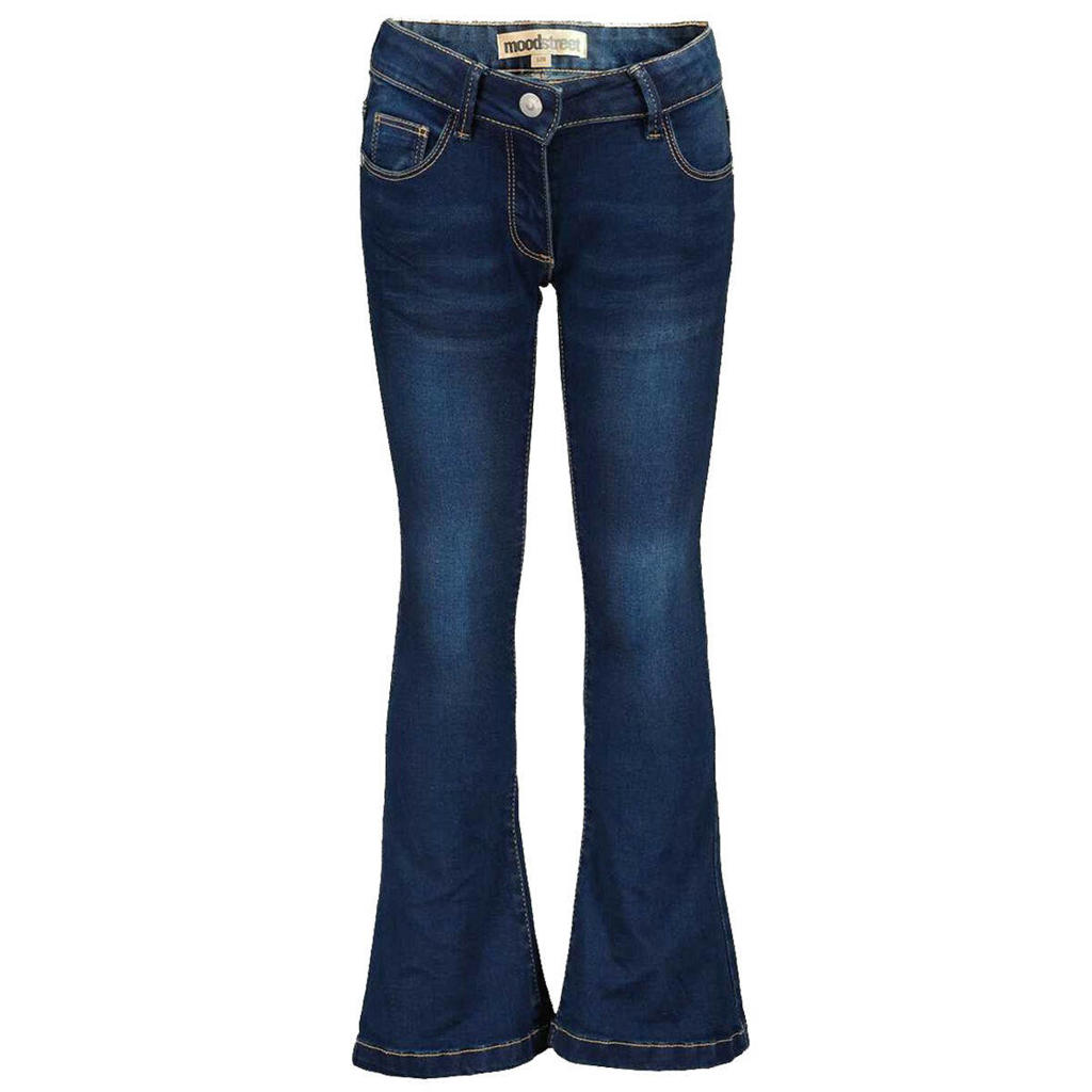 Dark blue denim meisjes Moodstreet flared jeans van stretchdenim met regular waist, rits- en haaksluiting en effen